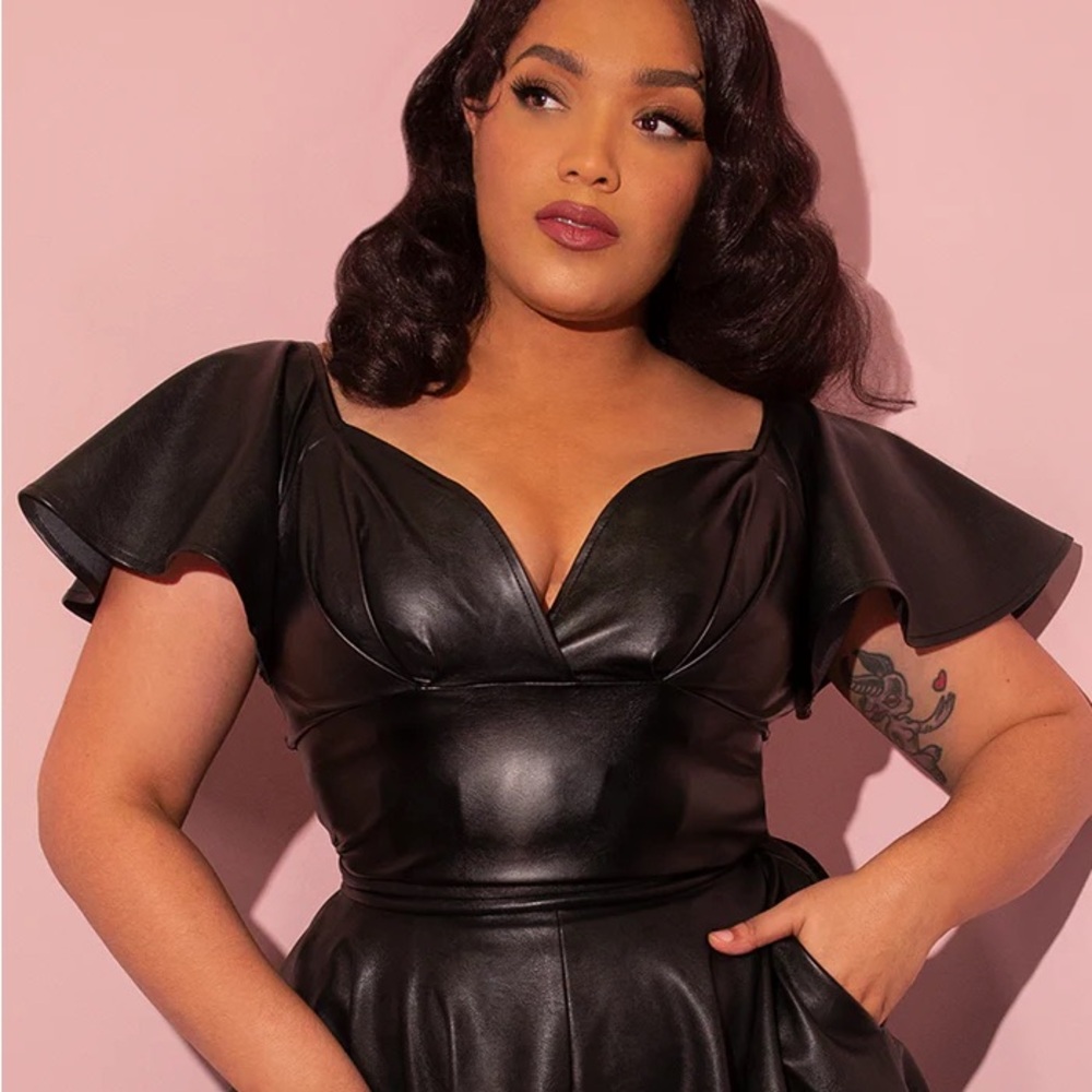 Vixen by Micheline Pitt Faux Leather Babydoll Crop Top